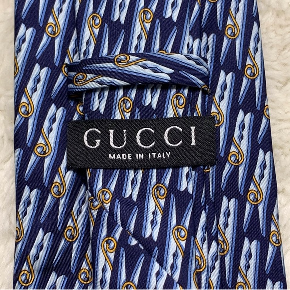 Gucci Men's Blue Gold 100% Silk Clothes Clips Pattern Tie - Picture 6 of 8